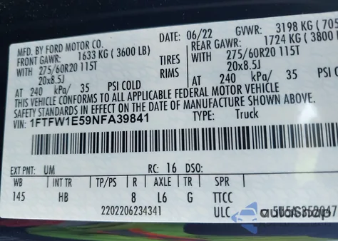 2022 Ford F-150 Lariat from USA, damaged, VIN 1FTFW1E59NFA39841